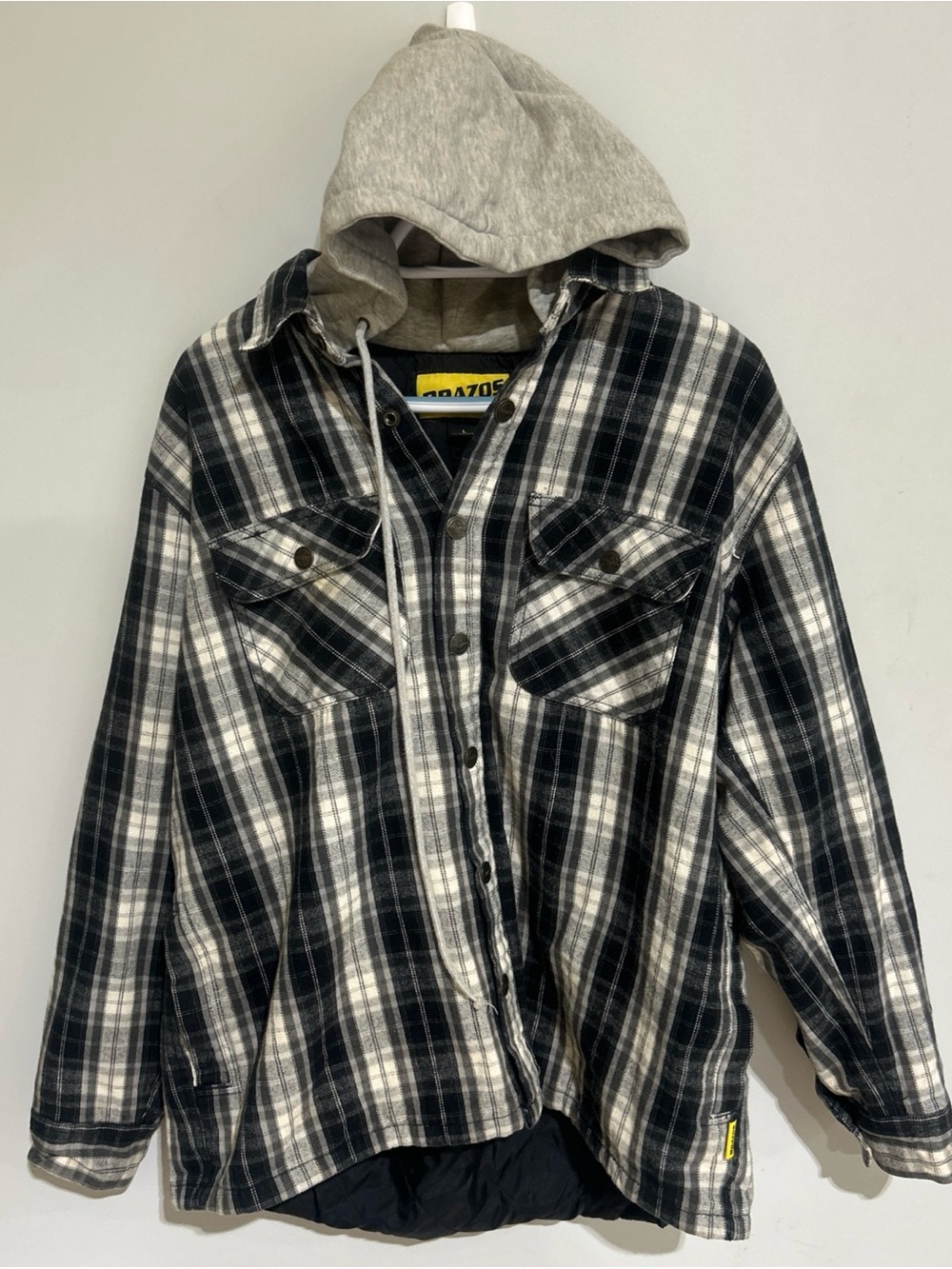 Brazos Work Force Lined Flannel Jacket With Hood. Size LARGE BLACK/WHITE/GRAY